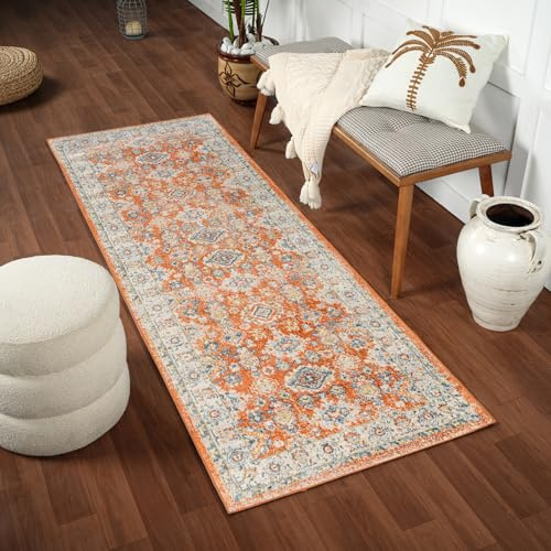 Livabliss Tazoult Machine Washable - Vintage Runner, Living Room, 80x220 cm - Traditional Boho Style, Dining Room, Kitchen, Outdoor, Hallway - Rust, Blue, Beige
