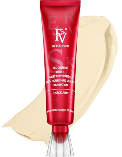 Foundation Makeup, FV Wasserfeste Foundation für Fettige Haut Feuchtigkeitsspendend Langanhaltend Concealer Medium Coverage Flüssige Foundation mit Mattes Finish, Farbton Porcelain, 30ml
