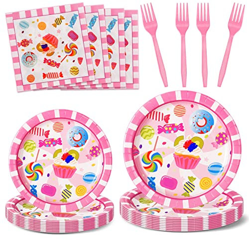Nkaiso Partygeschirr Kindergeburtstag, 96Stück Süssigkeit Party Deko Zubehör Set ​einschließlich Pappteller Servietten Wiederverwendbar Geschirr für Party Geburtstag Mädchen Deko -24 Gäste