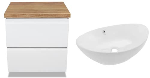 VBChome Badmöbel 60 cm Weiß Wendy Aufsatzwaschbecken ohne Hahnloch 59x38 cm Aufsatzwaschtisch mit Waschbeckenunterschrank 2 Schubladen Moduo Badezimmerschrank Modern