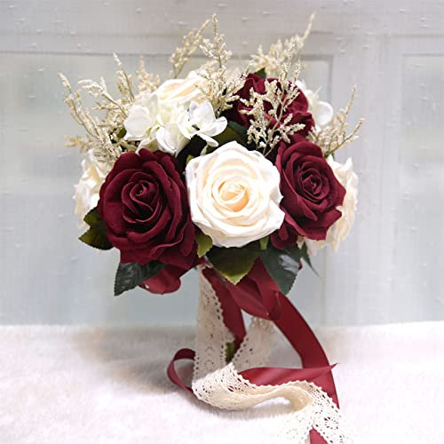 Wedding Bouquets For Bride, Champagne White Rose Bridal Bouquets For Bride With Silk Ribbon, Artificial Flower Bouquet For Wedding, Bridesmaid Bouquets For Valentine's Day Ceremony Church Decor