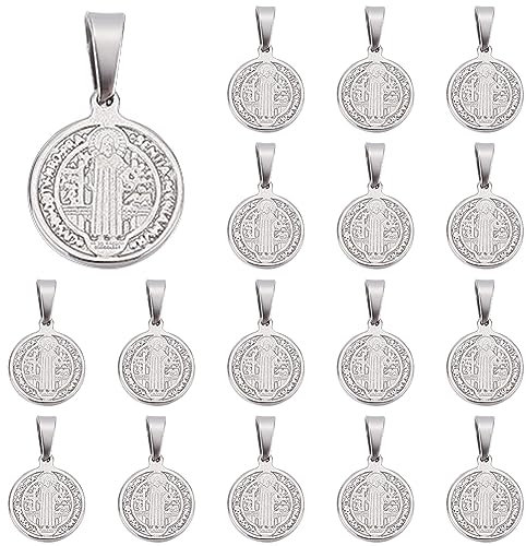DICOSMETIC 20 Stück Heiliger Benedikt Anhänger Edelstahl Anhänger Amulett Anhänger Flache Runde Anhänger Medaille Anhänger Für Die Schmuckherstellung, Bohrung: 5x3mm