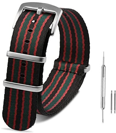 RoYiio Nato Uhrenarmbänder für Anstoßbreite 20mm, Edelstahlschnalle, Bequem Atmungsaktiv, Premium Ballistic Nylonband für Damen und Herren - Schwarz Rot Grün