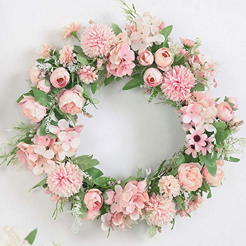 TITA-DONG Spring Wreath Silk Peony Wreath with Green Leaves, Artificial Hydrangea and Peony Flower Wreath for Front Door, Welcome Front Door Wreath for Wedding Wall Home Decor(light pink)