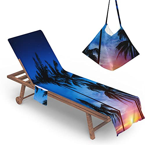 Chickwin Schonbezug für Gartenliege Frottee Liegenauflage mit Kapuze | Strandliegenauflage mit 2 Taschen Stuhl Strandtuch für Gartenliege Liegenauflage,Sonnenliegen (75x210cm,Blauer Sonnenuntergang)
