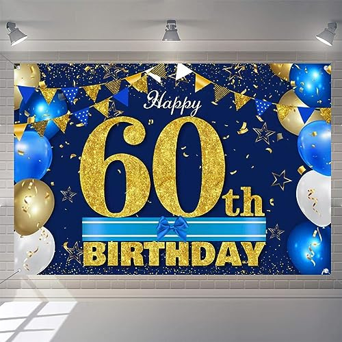 60th Birthday Decorations for Men/Women, 60th Birthday Fabric Sign Poster 60th Anniversary Party Background Banner Birthday Decoration Blue and Gold, 1.5m