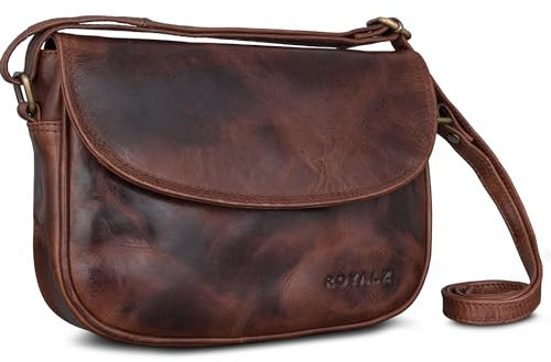ROYALZ 'Vermont' Echtleder Handtasche Damen klein im Vintage Look - kleine moderne Ledertasche perfekt als Ausgehtasche Abendtasche Schultertasche im Alltag Freizeit City, Farbe:Roma Cognac Braun