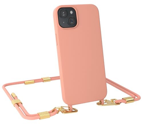 EAZY CASE - Handykette mit Karabiner kompatibel mit iPhone 15 Plus - Hülle Silikon Fallschutz Handyhülle für iPhone 15 Plus Kette zum Umhängen Schutzhülle mit Mikrofaser in Korall - Clips Gold