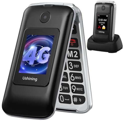 USHINING Teléfono Móvil 4G para Personas Mayores, Teléfono Móvil Teclas Grandes con Tapa SOS Botón Pantalla Doble de 2,8 y 1,77 Pulgadas Despertador Base de Carga, Fácil de Usar para Ancianos, Negro