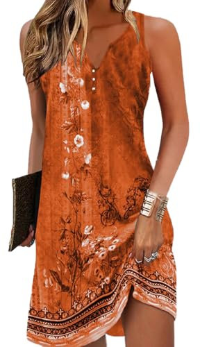 Yeenily Damen Bohemian Ärmellos Kleid V-Ausschnitt Blumenmuster Tunikakleider A Linien Lose Lässiges MiniKleid Freizeitkleid(Ärmellos Orange,XXL
