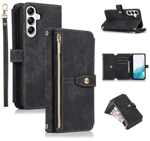UEEBAI Hülle für Samsung Galaxy A55 5G, 9 Kartenfäche Retro Leder Geldbörs Flip Case mit Umhängegurt Handschlaufe Standfunktion Reißverschluss Handyhülle Magnetverschluss Stoßfest – Retro Schwarz