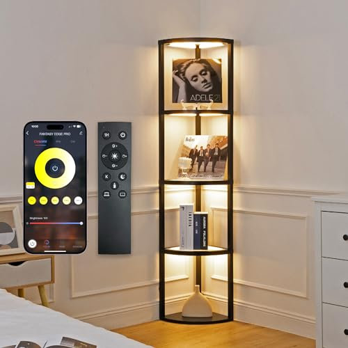 FENLO Corner Floor Lamp with Shelves, Dimmable LED Corner Shelf with Lights, Standing Lamp for Living Room, Shelf Lamp with Full Brightness Control, Color Changing Temps, and Reinforced Glass