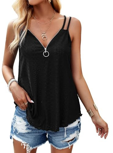 Tank Top Damen Sommer Sexy Spaghetti Oberteile Halbem Reißverschluss V-Ausschnitt T-Shirt ärmellose Bluse Schwarz M