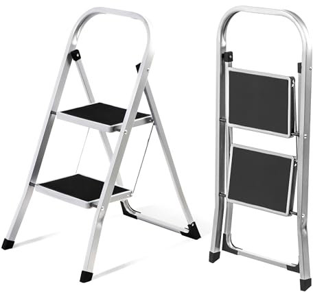 Daniks Escabeau Pliable en Aluminium, 2 Marches Antidérapants, Marchepied avec Pieds, Très Compact Une Fois Plié, Robuste, Charge Maximale 150 kg