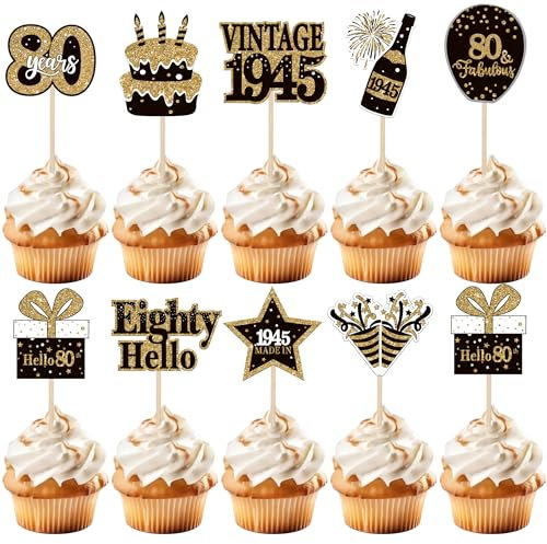 36 Stück 80 Geburtstag Tortendeko Vintage 1945 Cupcake Toppers Eighty Happy Birthday Kuchen Deko 80&Fabulous Cupcake Dekorationen für 80 Geburtstag Jubiläums Party Kuchen Dekorationen