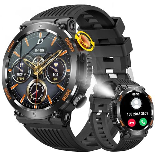 Smartwatch militare da uomo con torcia a LED (rispondi/effettua chiamate), smartwatch tattico impermeabile con 112 modalità sportive, orologio fitness con frequenza cardiaca/monitor del sonno/bussola