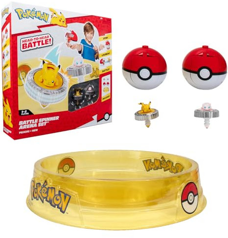 Bandai - Pack Arène Toupie Pokémon + 2 Spinners Inclus - Arène + 2 Lanceurs Pokéball + 2 Toupies Pikachu et Mew - Jeu de Combat de Toupies Pokémon Plusieurs Joueurs - Jouet Enfant 4 Ans et + JW4403