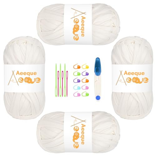 Aeeque Textilgarn, T Shirt Garn zum Häkeln, Bändchengarn für Körbe, Tshirtgarn zum Häkeln Taschen,Dicke Häkelgarn 4 x 100g, T-shirt Garn Weiß