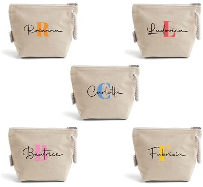 Generico Pochette Donna In Cotone Riciclato Personalizzata con Nome e Iniziale Colorata Idea Regalo Compleanno Estate Vacanze mare Trousse Porta Trucchi Oggetti Astuccio Con Stampa colorata