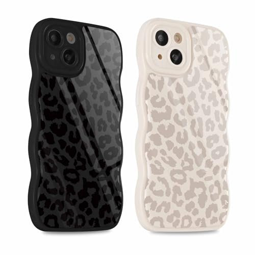 Xylota 2 Stück Handyhülle für iPhone 15 6,1 Hülle mit Muster Aesthetic Leopard, Niedliche Curly Wave TPU Case für Mädchen Frauen, Weiche Silikon Bumper Stoßfest Schutzhülle Cover für iPhone 15, 01