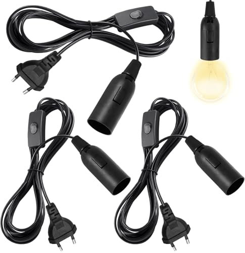 3 X E14 Lampenfassung mit Schalter, E14 Fassung mit Kabel und Schalter, Steckdosenadapter, mit 1,8m Netzkabel und EU Stecker, für Lampenaufhängung, Pendelleuchte, DIY Lampen(Schwarz)