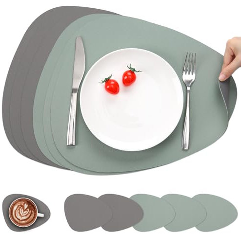 Myir JUN Tischsets Leder und Untersetzer, Tischsets Abwaschbar Rund Doppelseitigen rutschfest Platzdeckchen Leder Kunstleder Tischset Lederoptik Platzset (Grau Salbeigrün, Satz von 6)