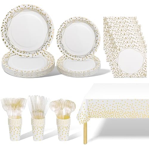 AIPartywar 141Stück Weißgold Partygeschirr,Partyzubehör Pappteller Set,Wiederverwendbar Geschirr Set einschließlich Tischdecke Teller Becher Servietten zum Geburtstag,Hochzeiten,Jubiläums(20 Gäste)