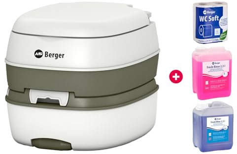 BERGER Mobile Campingtoilette Bio Deluxe 17L Starter Set | Platzsparend & Leicht zu Reinigen | Mit Abnehmbarem Abwassertank | Alles, was Sie für den Start benötigen