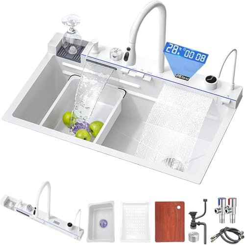 Fregadero Cocina Multifuncional, Fregadero de Acero Inoxidable 304, Fregadero Cocina 1 Seno, Fregadero Empotrado con Grifo de Extracción y Varios Accesorios (Blanco, 68x45cm)