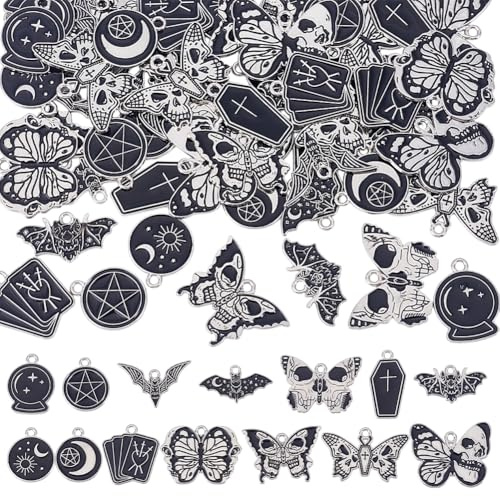 HOBBIESAY 56 Stück Gothic Anhänger Set - 14 Stile Legierung Schwarz für Halloween, Schmetterling, Stern, Mond, Sonne, Kreuz für Armband, Halskette, Ohrringe Schmuckherstellung, Loch:1.8-2mm