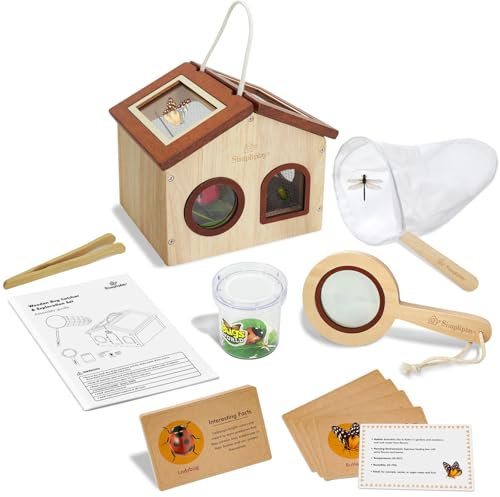 Simpliplay Kids Bug Catching Kit, 6-in-1 Natur Entdeckung Kit mit atmungsaktivem Holz Critter Habitat House, 15 Insert-Karten, Lupe, Schmetterling Netz, Sommer draußen Spielzeug, Geschenk für Jungen