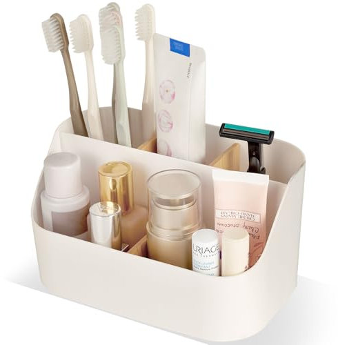 Toothbrush Holder with Removable Bamboo Dividers, Electric Toothbrush Holder with 5-Compartment Bathroom Storage, Multifunctional Bathroom Organizer & White Toothbrush Caddy