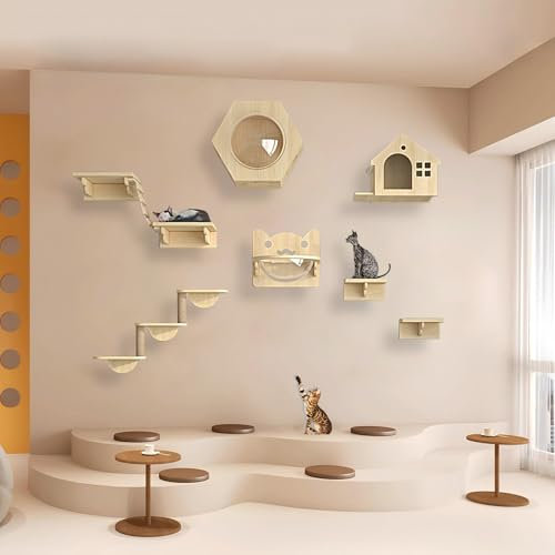 KEJIAWU Kletterwand Katzen Holz, Katzen Kletterwand, Katzenregale und Sitzstangen for die Wand, Platzsparende DIY-Katzen-Kletterwand zum Klettern, Schlafen und Spielen(9PCS)