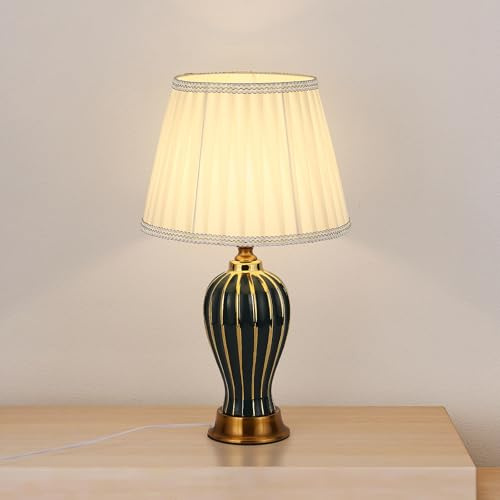 Tischlampe Retro Keramik, Wohnzimmer Nachttischlampe Vintage Schlafzimmer Warme Stoff Lesebuch Licht Schreibtischlampe Moderner Stil E27 Nachtlampe, Grün