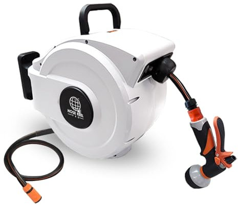 Hose Reel Pro Retractable Garden Hose Reel - White Case/Black Hose, 15m Wall-Mounted Garden Hose with Automatic Rewind, 8-Function Spray Nozzle, 150° Swivel Bracket, Heavy-Duty Leak-Proof Design