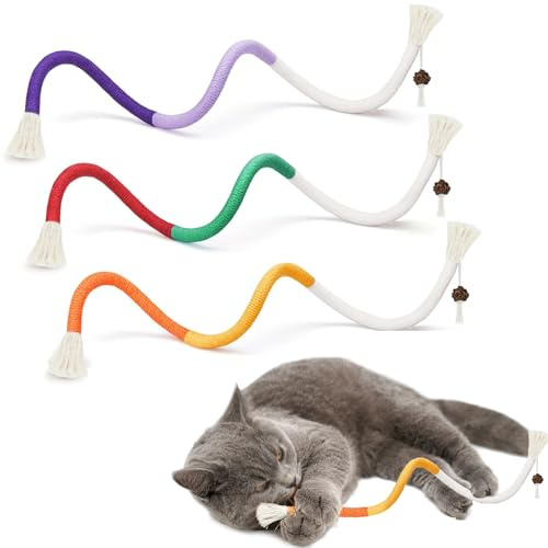 flowerstarry Cat Toys Chew Ropes 3Pcs, Safe Teeth Cleaning Toy for Indoor Kittens, Interactive Cat Nip Kitty Toys for All Breeds 60cm(Assorted Colours)
