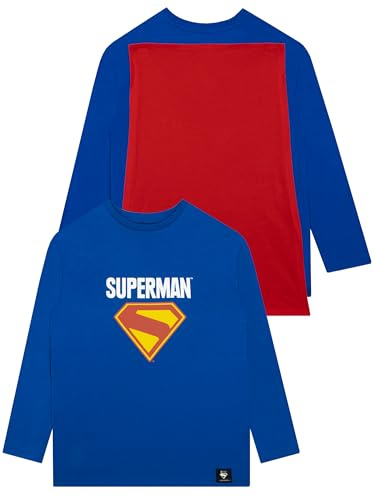 DC Comics Superman T Shirt, Boys Tshirt with Detachable Cape, Boys Long Sleeve T Shirt with Red Cape, Ages 5 to 13 Years