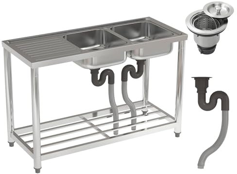 Warmiehomy 120x50x80cm Commercial Restaurant Sink with Storage Shelf, Double Bowl Stainless Steel Restaurant Kitchen Sink Free Standing Outdoor with Drain, No Tap