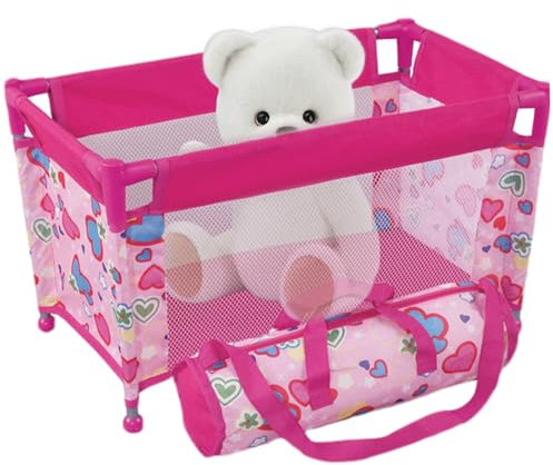 Puppenbett für 45, 7 cm Puppen, faltbares Puppenbett aus Netzstoff, Laufstall für Puppen mit Herzmuster, tragbares -Set zum Spielen mit Tragetasche für Kinder ab 3 Jahren, Geschenke für Pupp