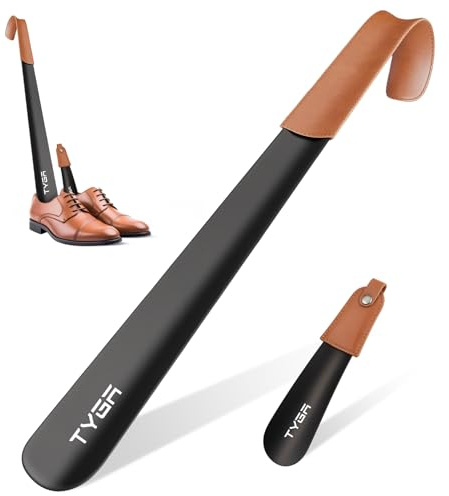 TYGA Metal Shoe Horn, Leather Handle, 17 & 42 cm Set, Pack of 2 | 17 cm & 42 cm Shoe Horns, For Men, Women & Kids, Helps Slip Shoes On, For Everyday Use, Leather Handle Strap, Built-In Hook