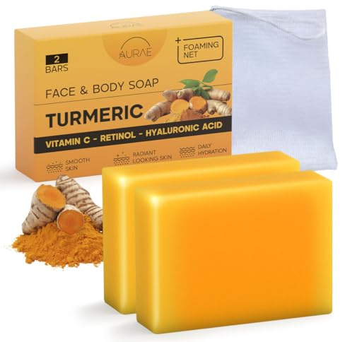 Soap Turmeric Sapone Curcuma per Macchie, Illuminante Idratante, Retinolo | Delicato Viso e Corpo, Vitamina C, Acido Ialuronico, Burro Karité, Senza Parabeni e Sls 100g X 2 Saponette