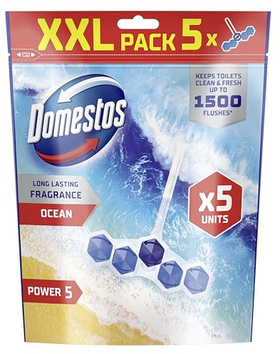 Domestos Power 5 Ocean Toilet Rim Blocks 5 Pack – Strong Toilet Cleaner with Ocean Fresh Scent, Anti-Limescale, Rich Foam & Up To 300 Flushes