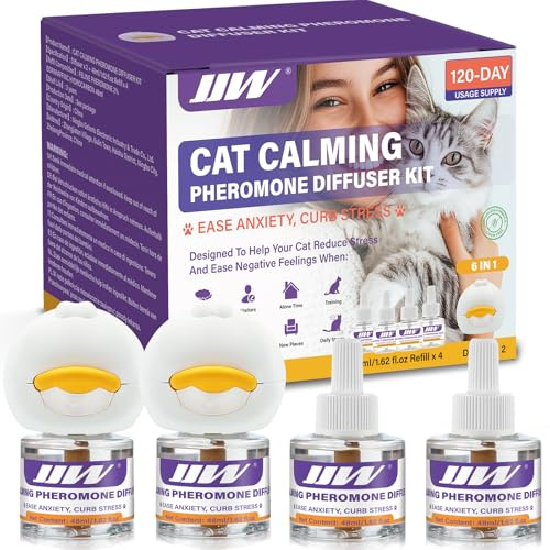JJW Kit Difusor de Feromonas Calmantes 6 en 1 para Gatos - Alivia Ansiedad, Reduce Peleas/Arañazos, 2 Difusores + 4 Recambios, 120 Días de Uso (Morado, S)