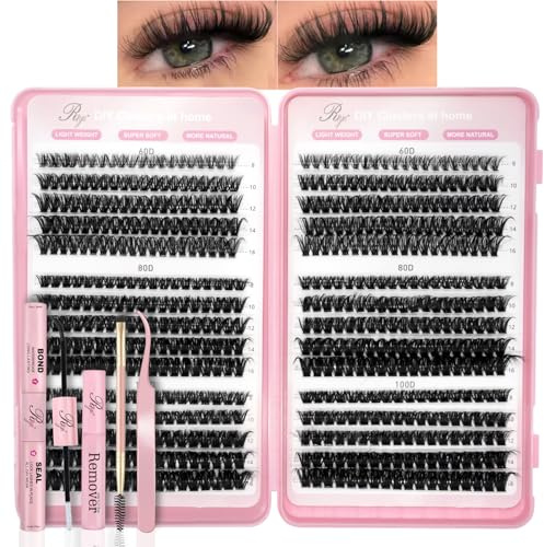 Individual Eyelashes Cluster Lashes Kit 590pcs 60D 80D 100D Cluster Lashes Book with Eyelash Glue & Remover 8-16MM D Curl Thick False Lash Clusters for DIY at Home(60+80+100D KIT)