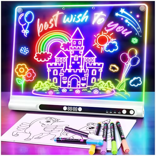LED Zeichenbrett Wiederaufladbares 41 cm, 9 Lichtmodi mit Timer, Neon-Trockenlöschtafel mit Ständer, Leuchtendes Schreib- und Notizboard, Geschenk für Kinder/Mädchen, 8 Stifte & Vorlagenbuch, Weiß