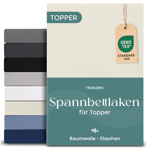 Twinzen - Topper Spannbettlaken - 180x200 - Baumwolle Elasthan | Beige · Spannbetttücher Für Topper · Steghöhe 15cm · Oeko-Tex zertifiziert · Elastikband