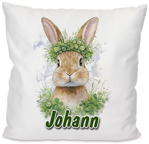 Unikatolo Kissen mit Name personalisiert, Geschenkidee für Kinder & Erwachsene, Namenskissen, Kissen für Paare, Geschenk zum Geburtstag, Weihnachten, Ostern (Hase Klee)