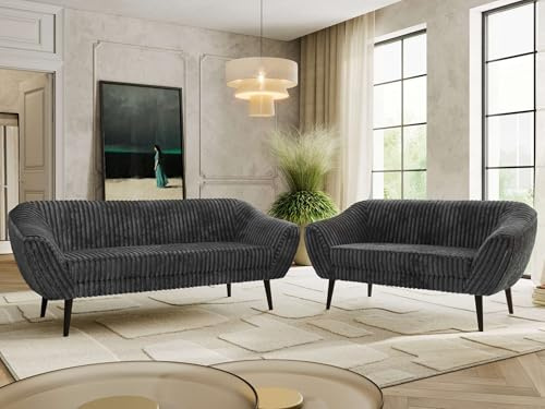 MKS MEBLE Sofagarnitur PIRS 3 + 2 - Couchgarnitur im skandinavischen Design, Gesteppte Polsterung, Wellenfederung, Wohnzimmer Sofa Set - Schwarze Beine, Dunkelgrau Cord