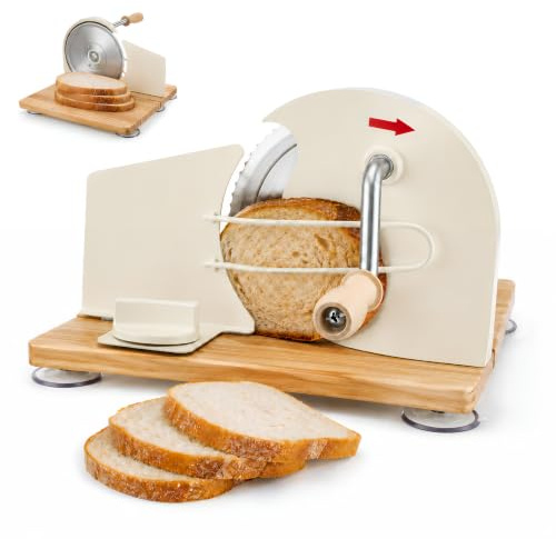 Brotschneidemaschine Manuelle mit Handkurbel, Rutschfeste Saugnäpfe | Brotschneider Professionell, 0-20mm Schnittstärke Einstellbar, Scharfe Edelstahlklinge & Klappbar für Sauerteigbrot Toast