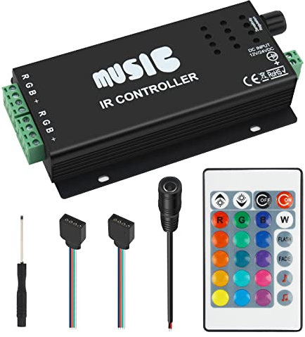 VIPMOON Music LED Strip Light Controller with 24 Keys IR Wireless Remote, 4 Pin Music Sound Sensitive Controller, Compatible with 5050 3528 RGB LED Strip Lights, DC 12-24V